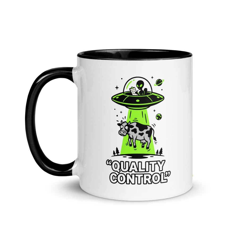 Mug with alien and cow graphic and 'Quality Control' text on a white background