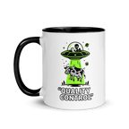 Mug with alien and cow graphic and 'Quality Control' text on a white background