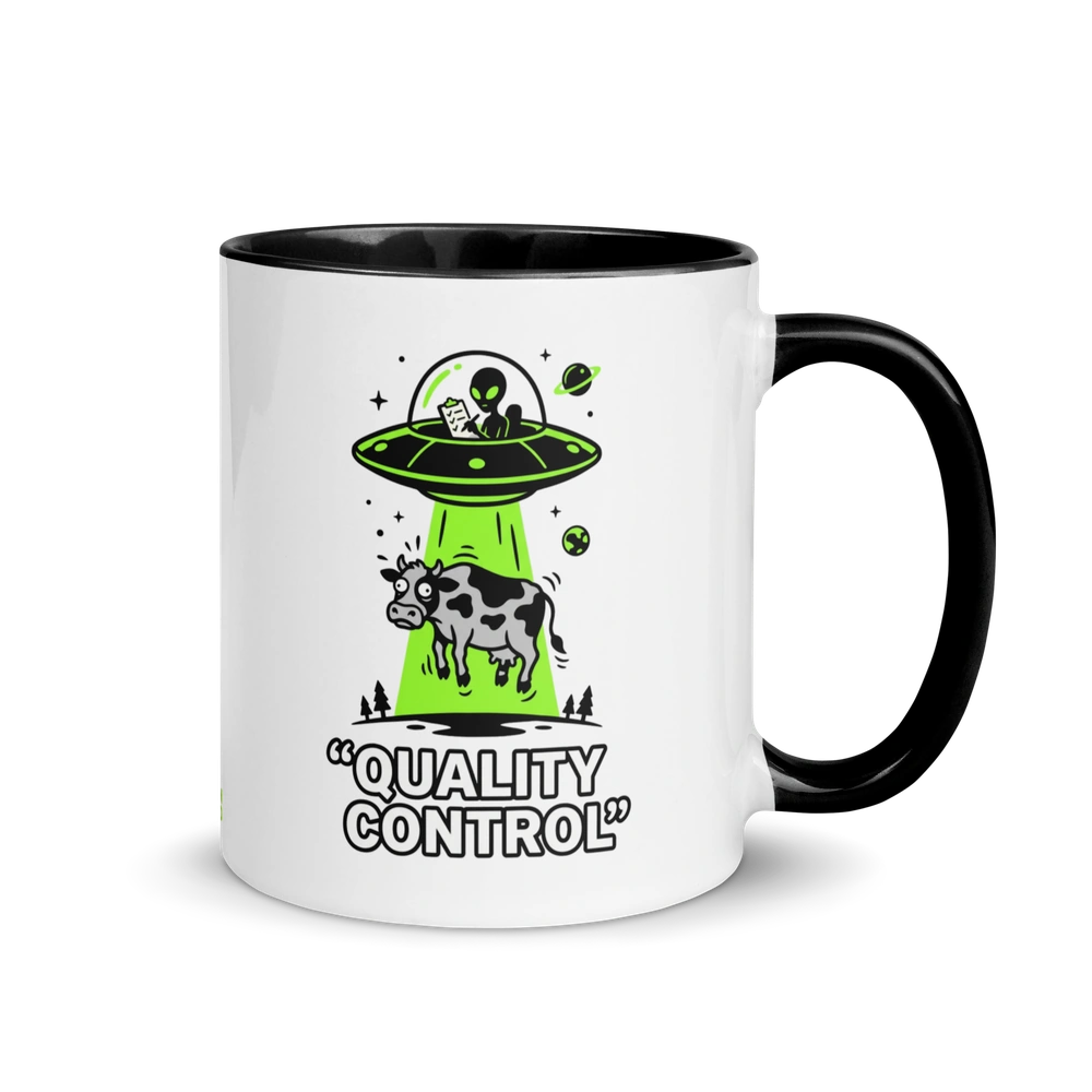 Mug with alien and cow under a UFO design on a white background