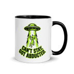 Mug with alien and UFO design, text 'Can't stay, got abducted', on a white background