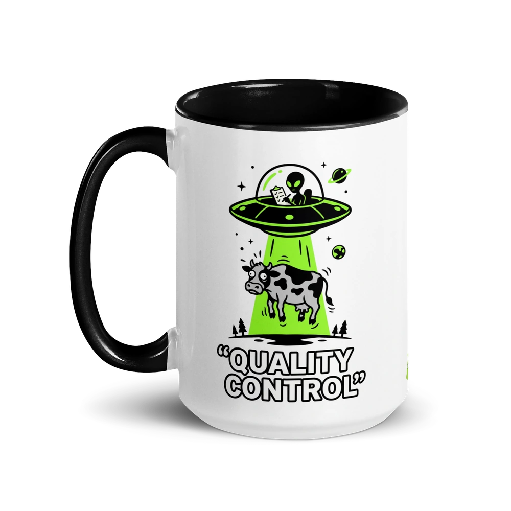 Mug with alien and cow graphic and 'Quality Control' text on a white background