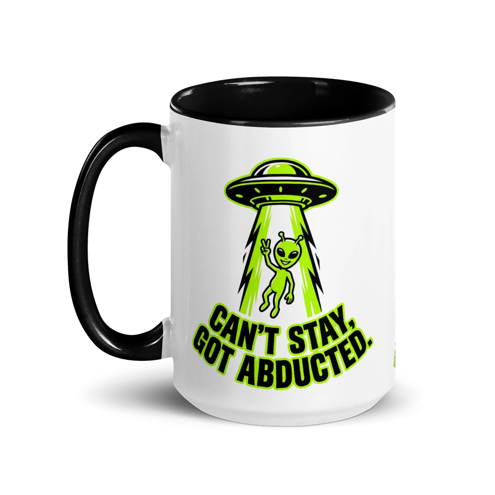 Mug with alien abduction design and text on a white background